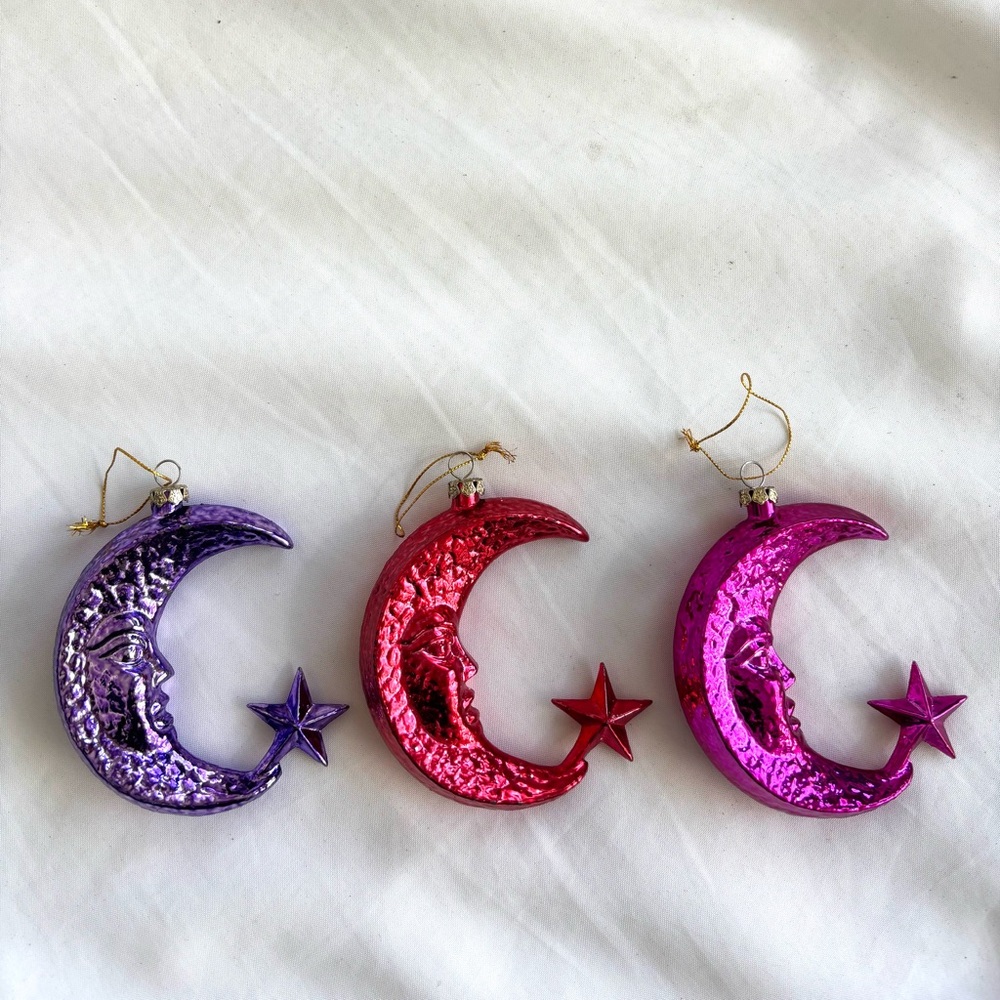 3 vintage crescent man in the moon with star Christmas ornaments celestial
